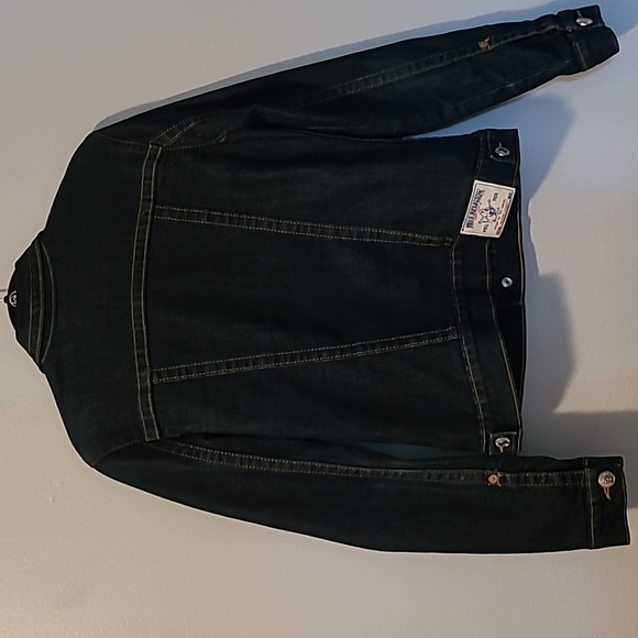 True Religion Mens Medium Dark Blue Denim World Tour Trucker Jacket Streetwear - Picture 5 of 16